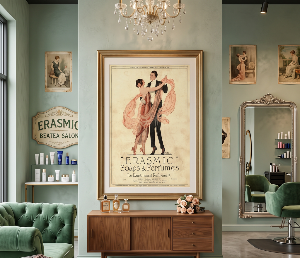 1920s UK advertisement poster of a couple dancing to promote "Erasmic" Soaps & Perfumes
