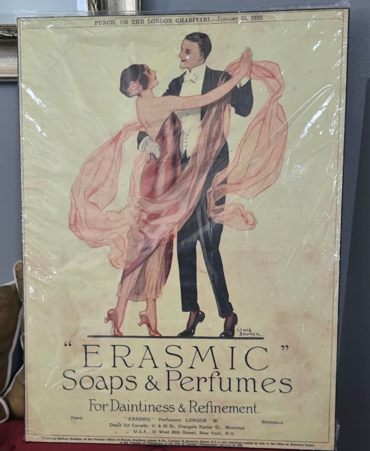 1920s UK advertisement poster of a couple dancing to promote "Erasmic" Soaps & Perfumes