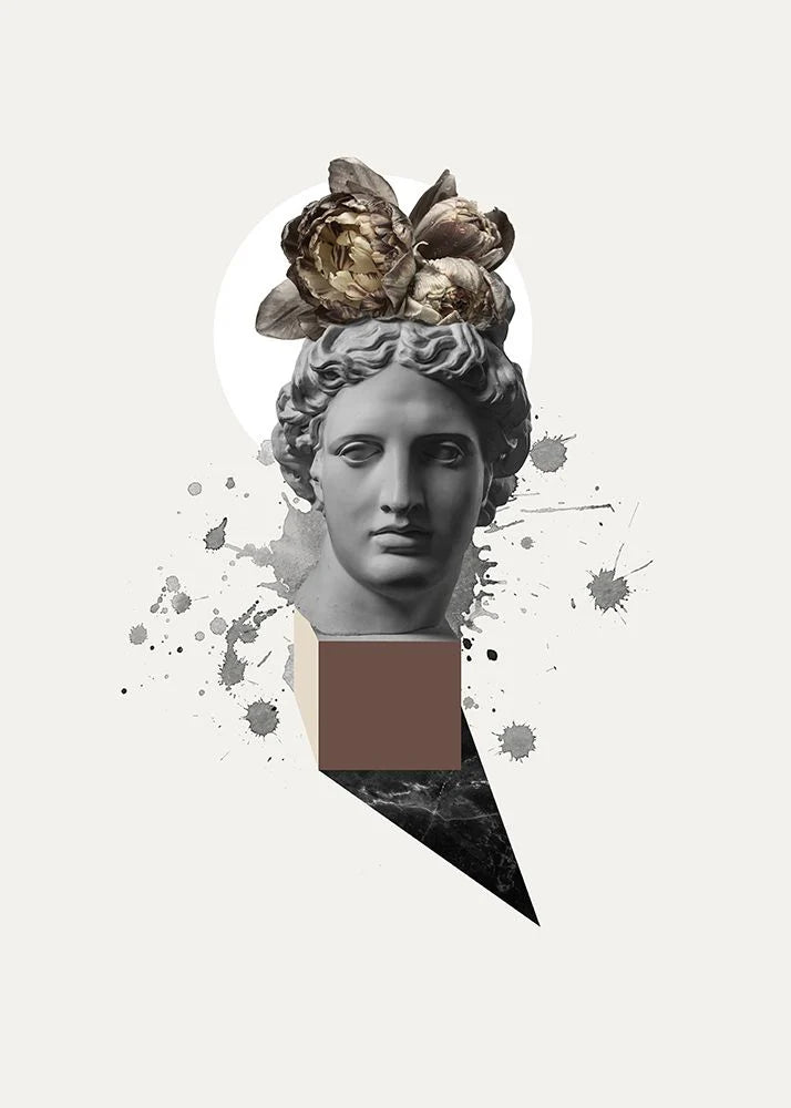 Modern Statue with Peonies Framed Print Art by Malerifabrikken